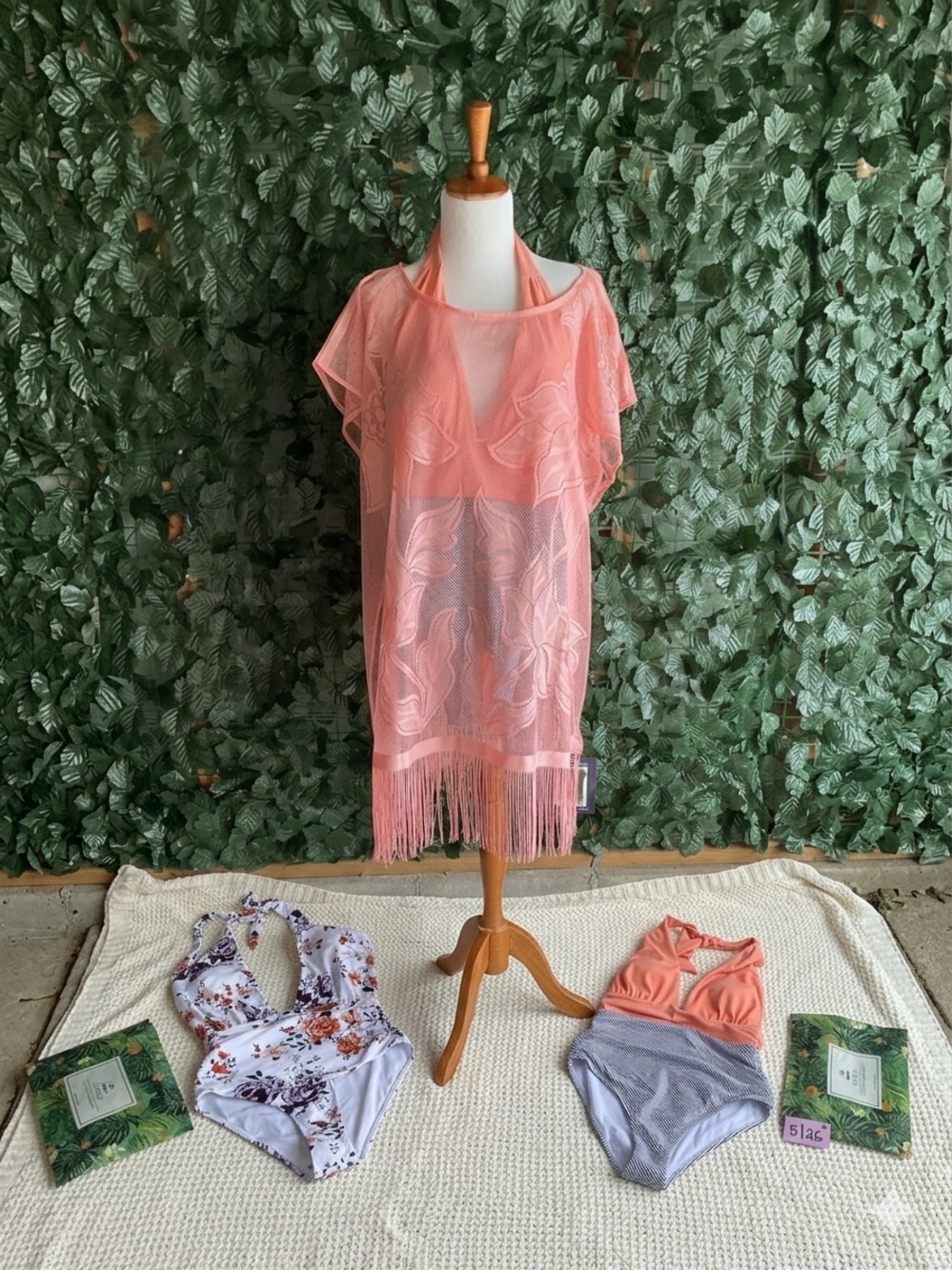Kendall & James Coral Sheer Embroidered Fringe Coverup + 2 NEW Cupshe Swimsuits